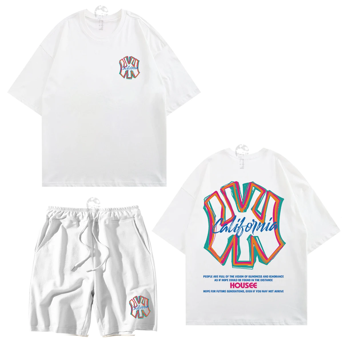 Korean Street  Summer Cotton Men T-shirt Shorts Sports Suit 2-piece Brand Pattern Printed Unisex Short Sleeve Suit Free Shipping