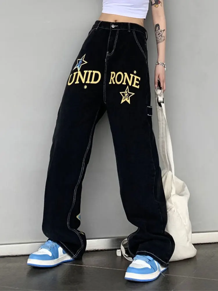 

Dark Colourful Flame Letters Gothic Straight Leg Trousers for Girls High-waisted Baggy Jeans for Men Women Fashion Streetwear
