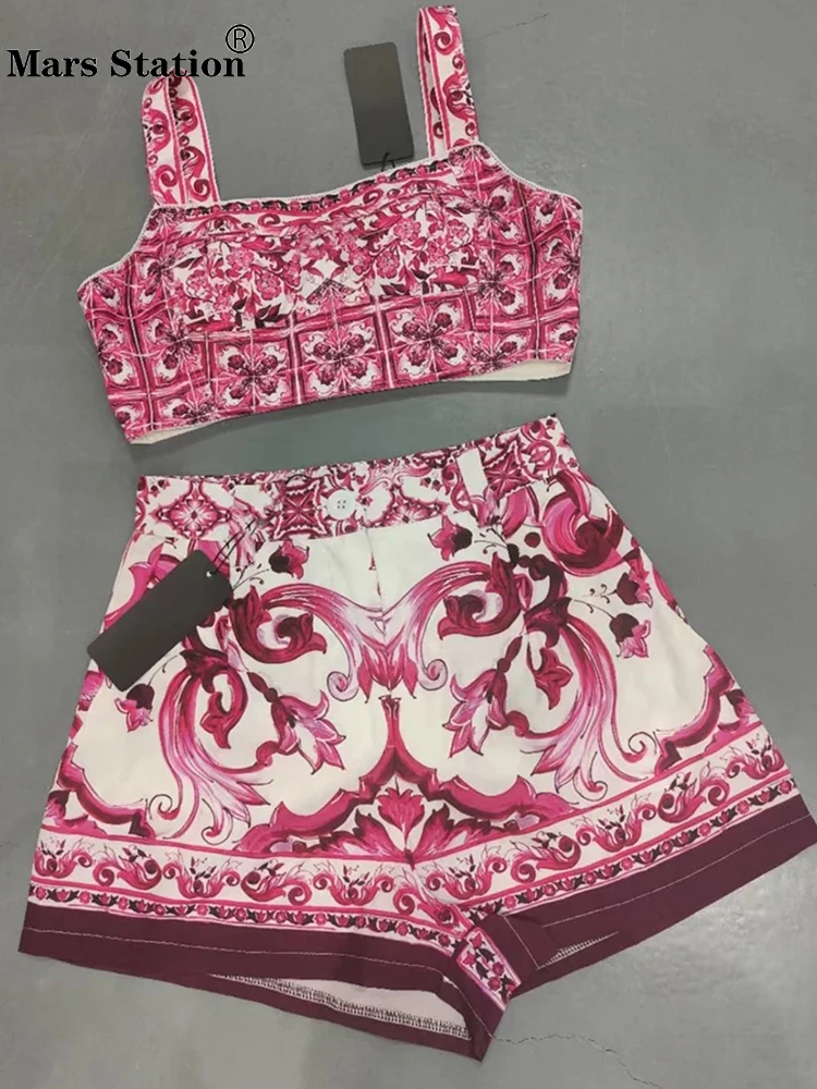ity retro czerwony kwiat porcelanowy nadruk halter top klatka piersiowa dwuczęściowy zestaw 2024 letni damski nowy + proste krótkie gorące