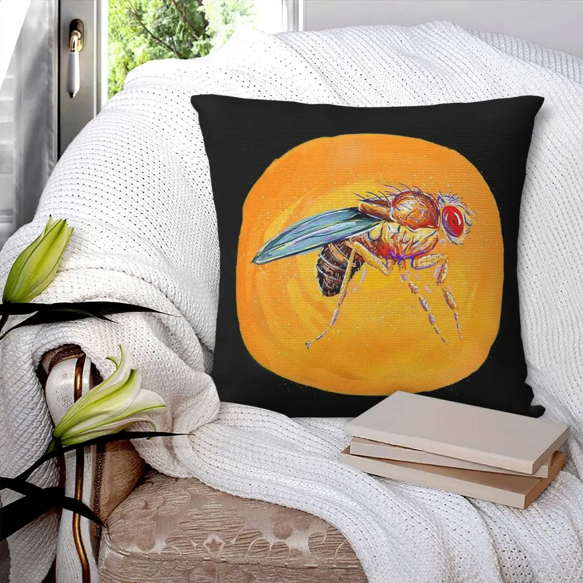 Фото Декоративная наволочка для подушки с рисунком фруктовой мухи (Drosophila Melanogaster), полиэстер, лен, бархат, для дома №3