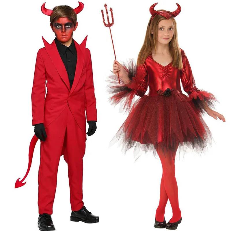 Kids Red Demon Devil Evil Jacket Pants Dress Halloween Cosplay Costumes Boys Girls Bull Ghost Party Role Playing Up Outfit