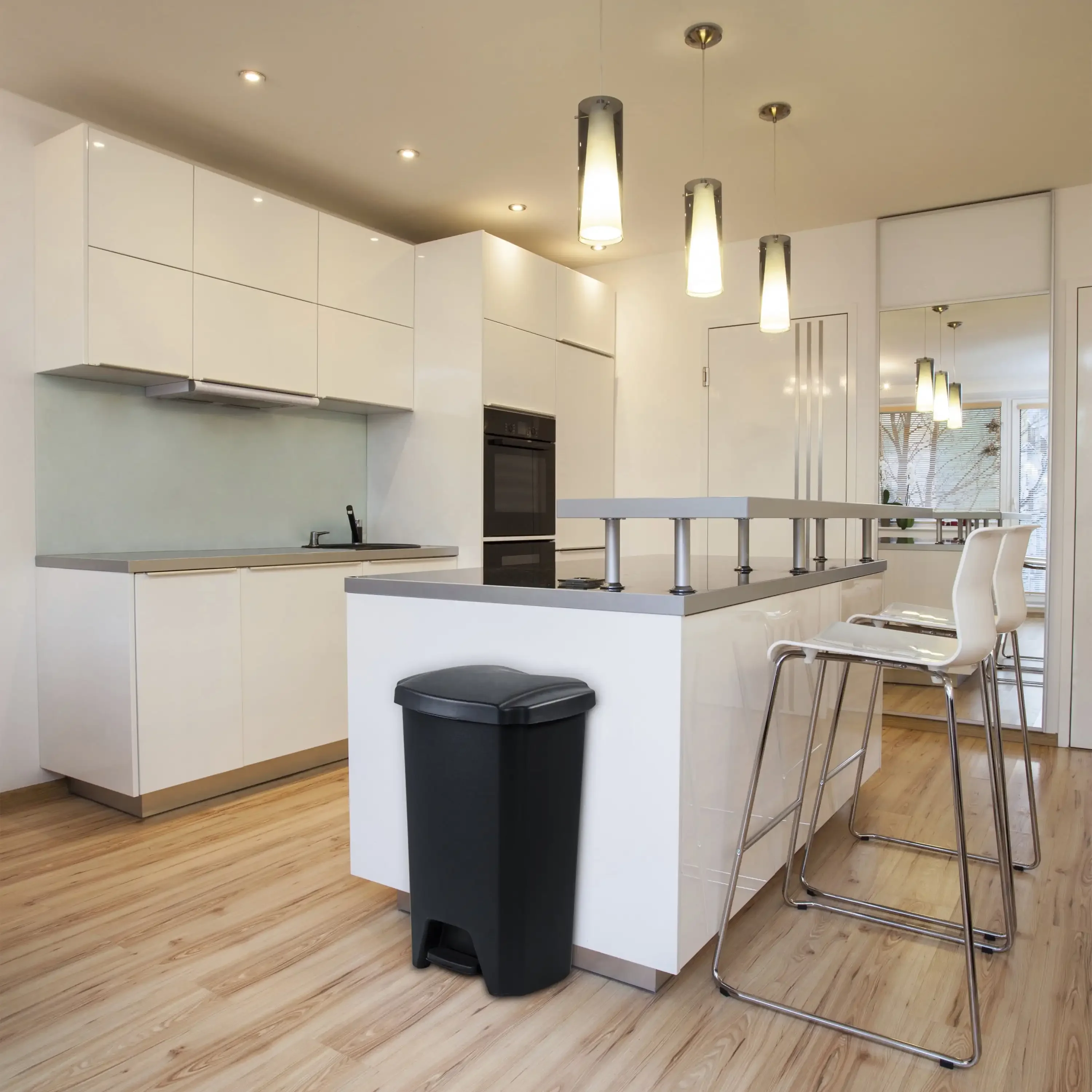 

Free Shipping 12.1 Gallon Trash Can, Plastic Step on Kitchen Trash Can, Black
