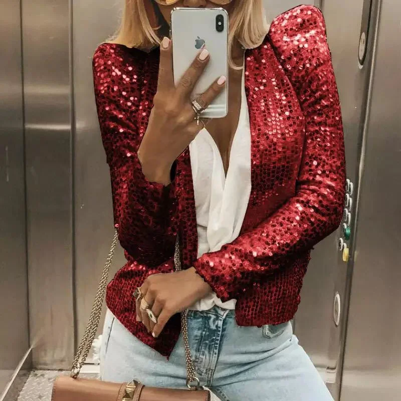 

Fashion Sequin Jackets Women Glitter Long Sleeve Short Coats Elegant Spring Outwear Office Ladies Solid Streetwear