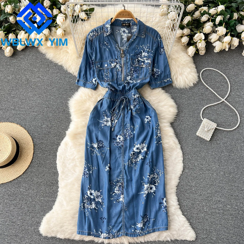 

Jeans Dress Women Summer Short Sleeve Lapel Zipper Fashion Flowers Print Denim Dress Casual Loose High Waist Short Dress Female