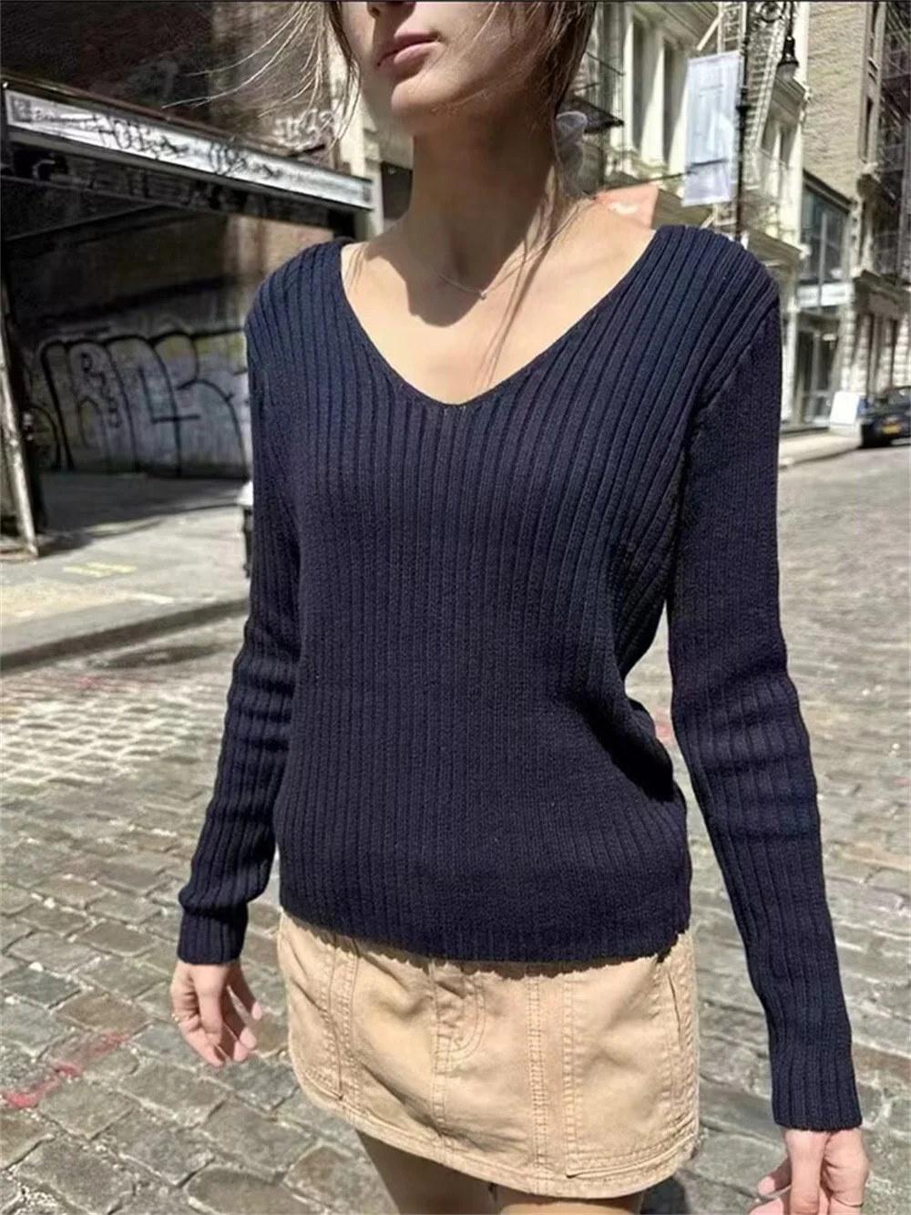 

Vintage Women Sweater 2023 Winter Fashion Ladies Casual Commuter Long Sleeves V-collar Solid Sweater For Women's Outwears