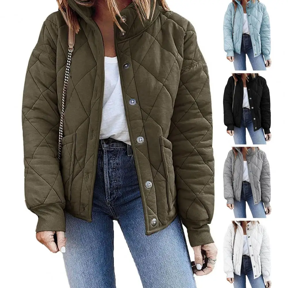 

Women Down Coat Solid Color Lapel Single-breasted Pockets Winter Coat Thick Long Sleeves Elastic Cuff Lady Jacket For Daily Wear