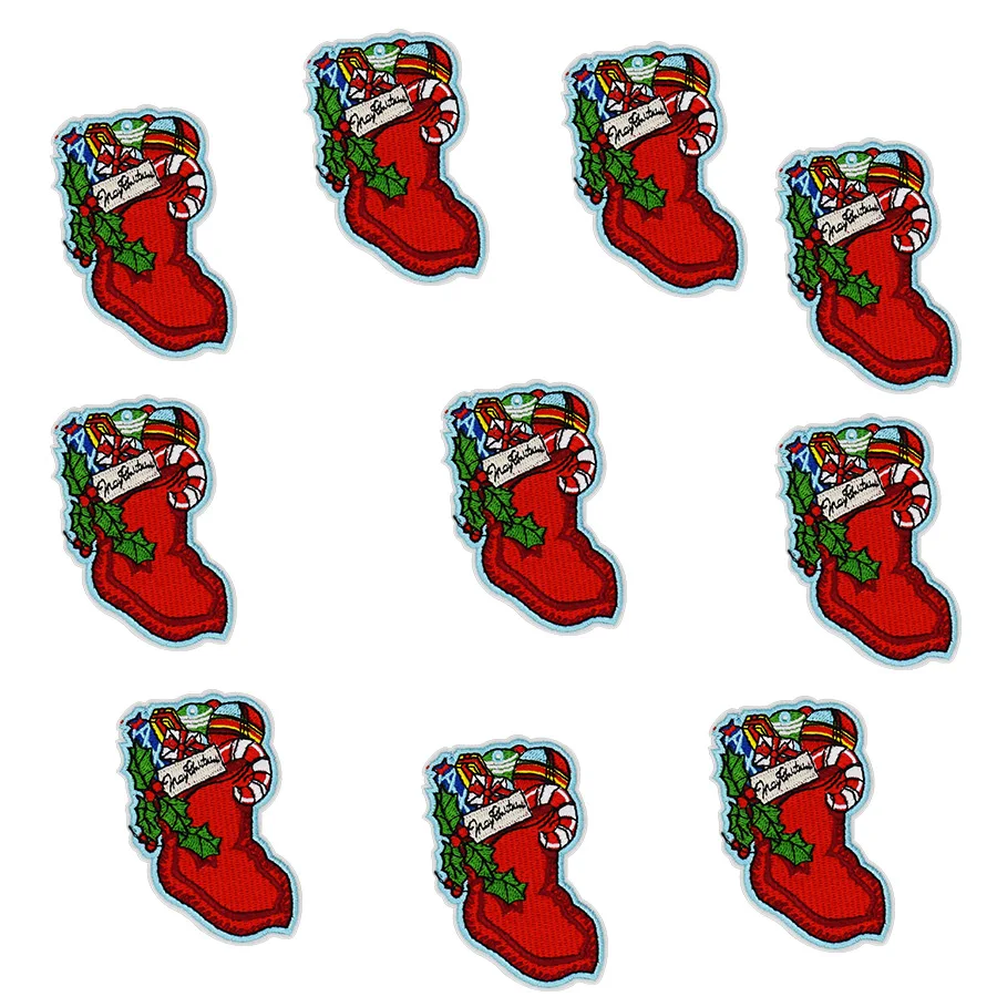 

10PCS Christmas Stocking Patches for Clothing Iron on Transfer Sew on Embroidered Badge Applique Patch for Clothes Shoes DIY