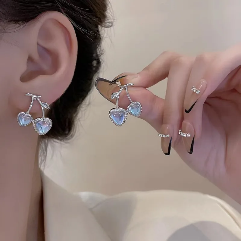 

New Korean Sweet Cherry Heart Stud Earrings For Women Girls Elegant Temperament Moonstone Rhinestone Earrings Party Jewelry Gift