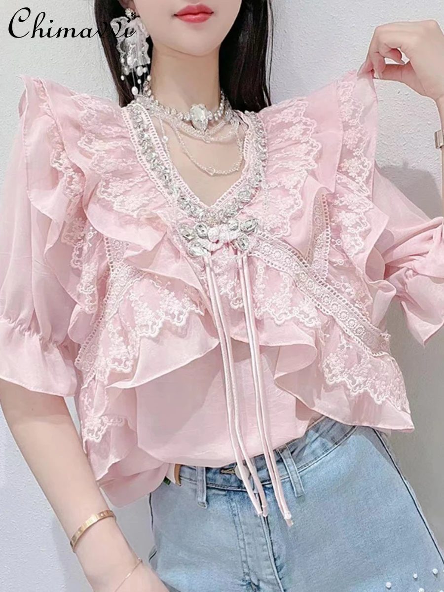 

Short-Sleeved Shirt for Women 2022 Summer New Korean Fashion Sweet Beads Ruffled Patchwork Flared Sleeves Blouse All-Match Tops