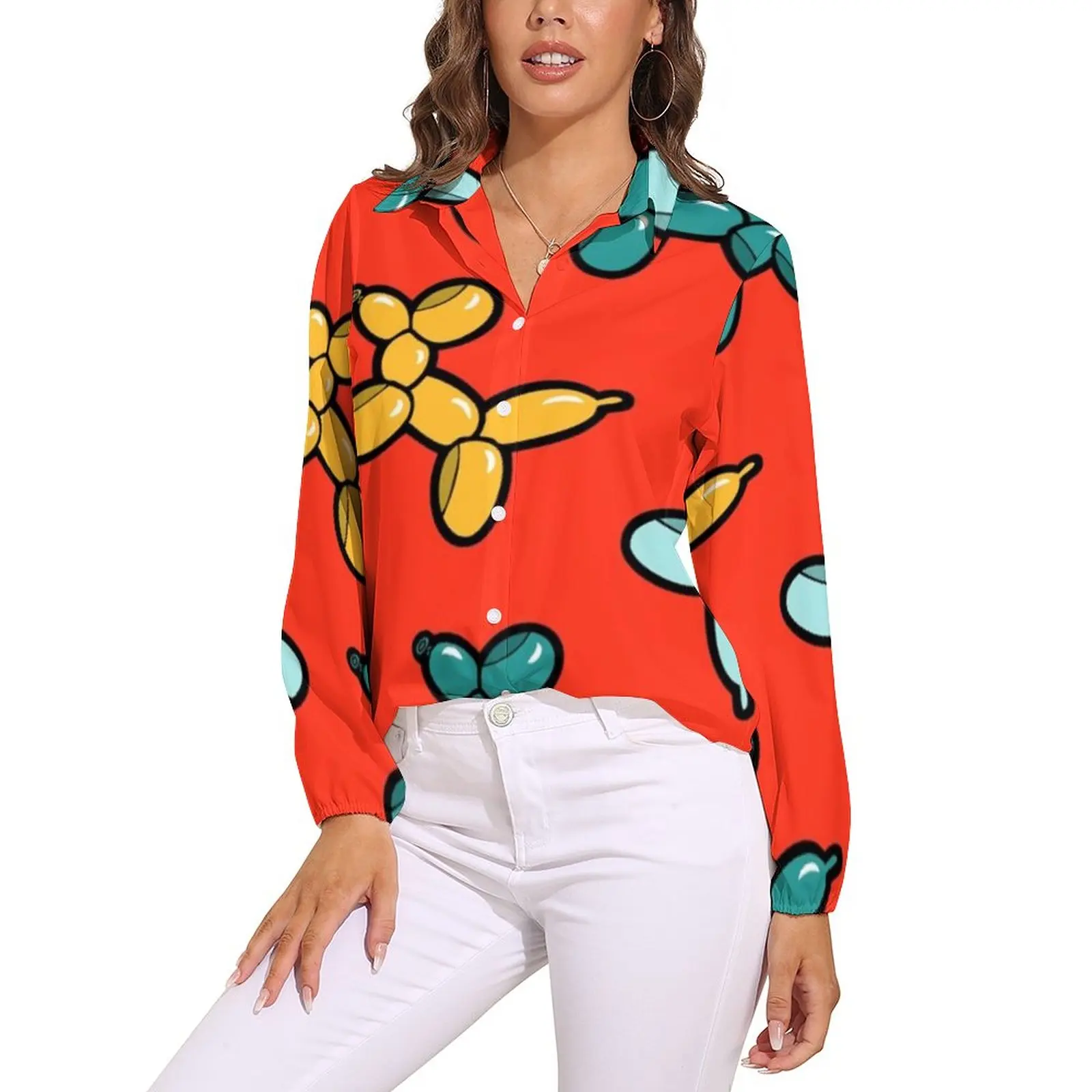

Balloon Blouse Dog V Neck Ladies Kawaii Shirt Party Korean Style Top Shirts