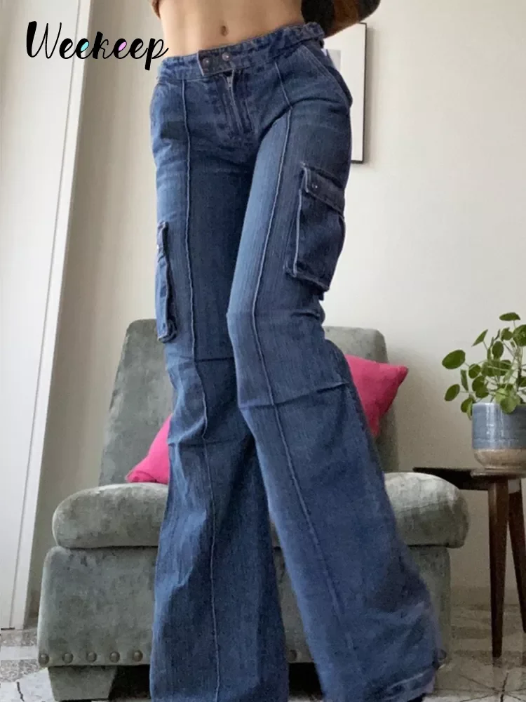

Weekeep Pocket Patchwork Cargo Jeans Women Streetwear Vintage Baggy Flared Denim Pants Autumn Harajuku Korean 90s Fashion Casual