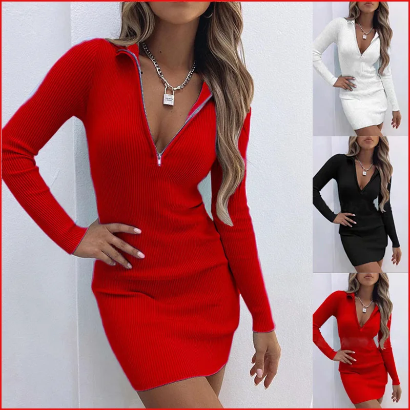 

CLAP 2022 New Women Elegant Sexy Skinny Party Fashion Casual Solid V Neck Zipper Long Sleeve Bodycon Basic Mini Dress Female