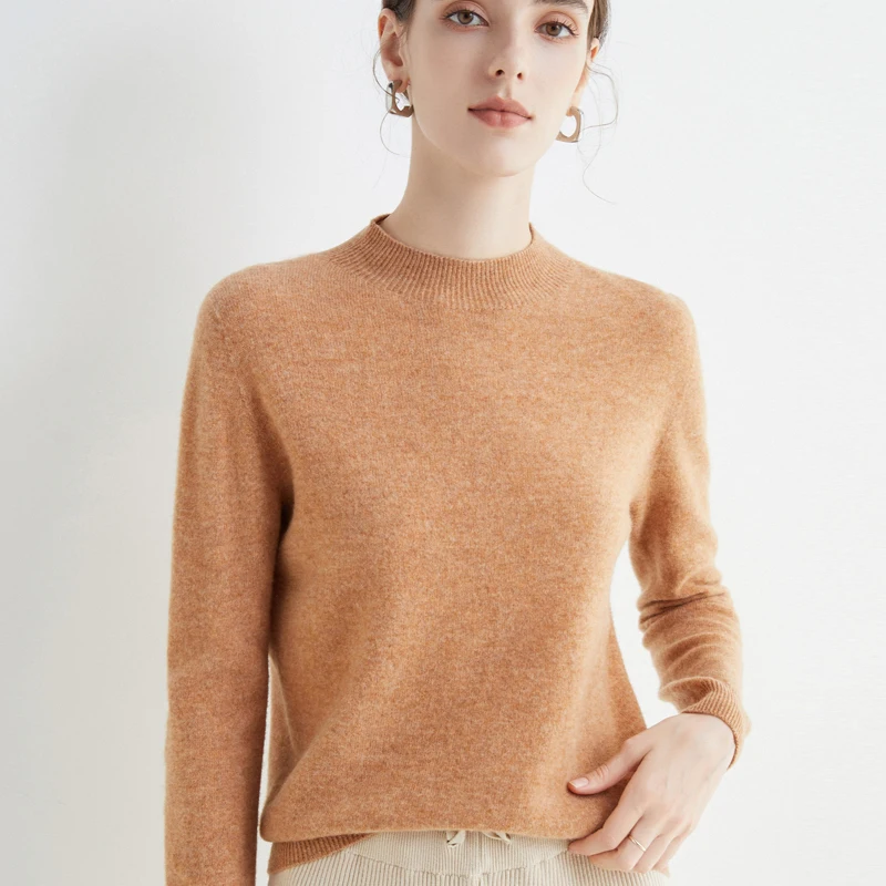 Half Turtleneck Women's Pullover 100% Wool Sweater Fashion Cropped Loose Long Sleeve Cashmere Knit New 22 Seamless |