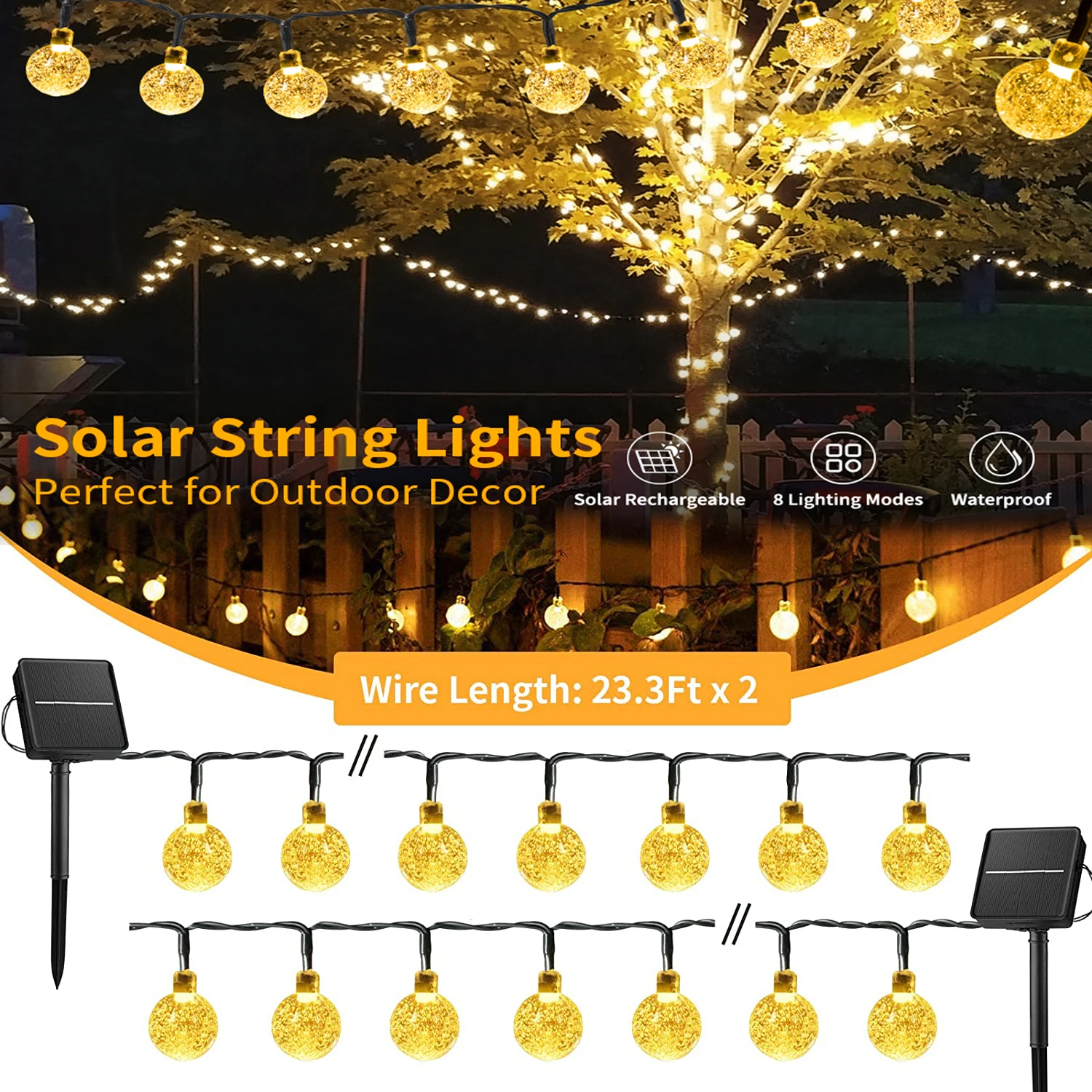 30/50/100Led Crystal Ball Bubble Solar String Lights for Outdoor Patio Lawn Landscape Garden Home Decorations