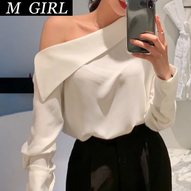 M GIRLS Party Blouse Women Korean Chic Elegant Skew Collar Off Shoulder Solid Long Sleeve Office Lady Shirts Fashion Blusas
