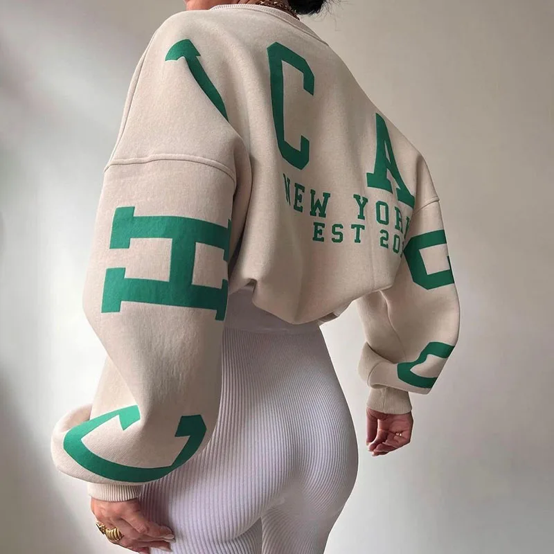 

Fashion Letter Print Hoodies Women 2022 Winter Thick Fleece O Neck Loose Sweatshirts Casual Long Sleeve Streetwear Lady Pullover