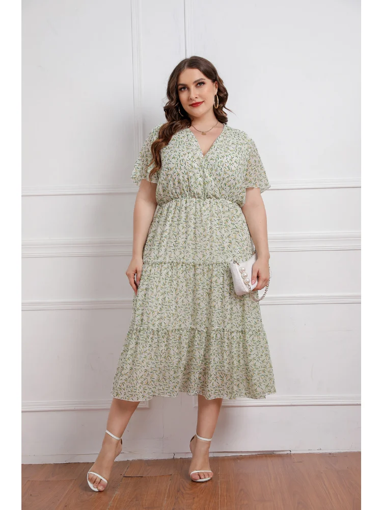 Large Women's Summer New Fat Sister V-neck Fragmented Flower Short Sleeve Chiffon Dress plus size dresses
