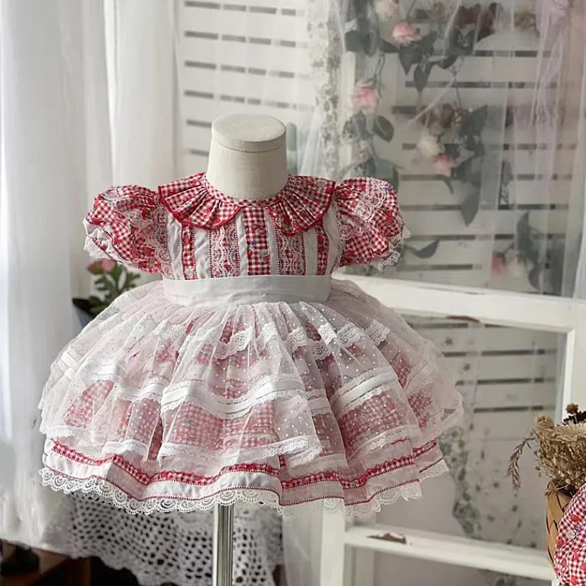 

Spanish Vintage Lolita Princess Dress Lace Stitching Mesh Plaid Dresses For Girls Birthday Party Easter Eid L1588