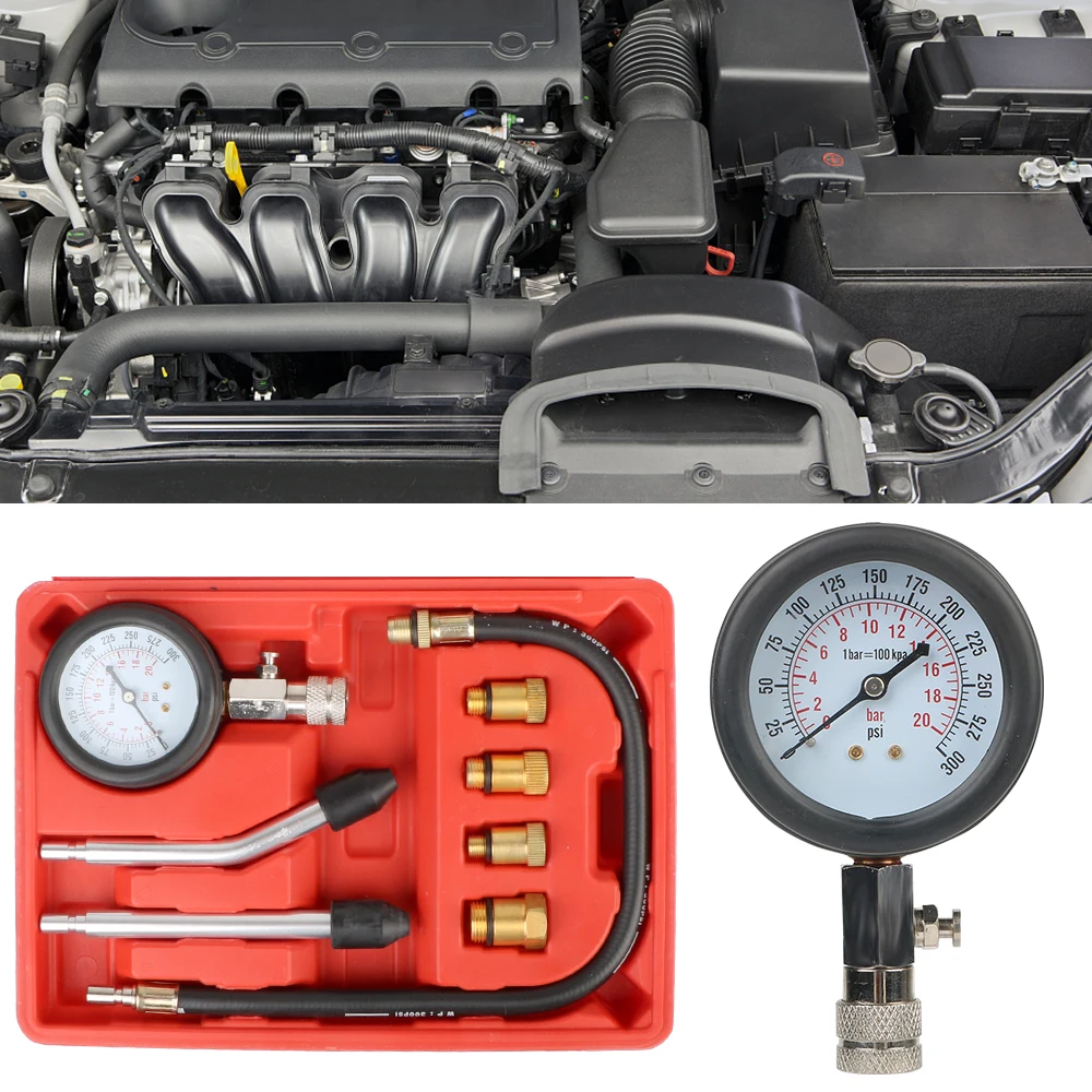 

Gasoline Engine Compression Meter Automotive Cylinder Tester Kit Pressure Gauge with M10 M12 M14 M18 Adapter 0-300 PSI