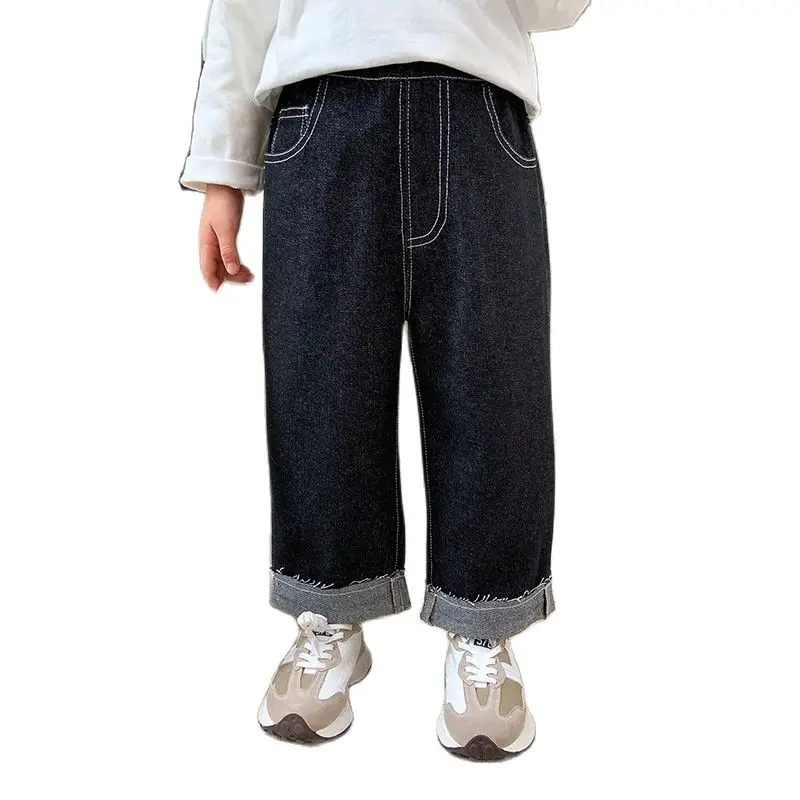 

Новые Модные свободные джинсы в Корейском стиле для маленьких мальчиков повседневные однотонные черные джинсы для мальчиков весенне-осенн...