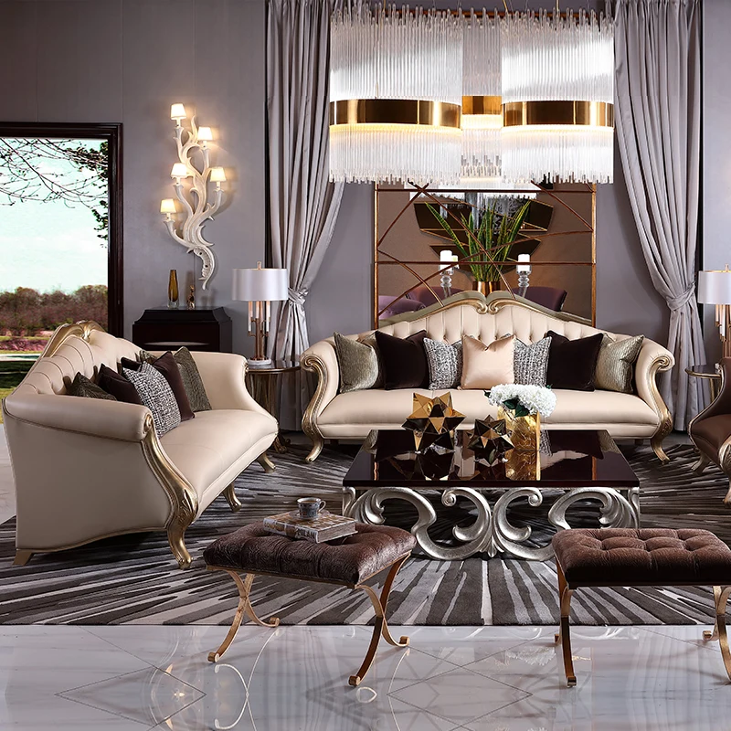 

French neoclassical high-grade leather single, double, three person sofa, living room size family combination furniture