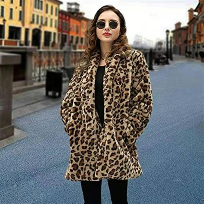 Autumn faux mink fur leather jacket womens Leopard print winter thicken warm Long sleeve fur leather coat women loose cloth b338