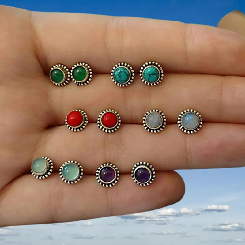 

6Pair/Set Retro Created Colorful Gems Stud Earring for Women Jewelry Set Gifts Korean Fashion Cheap Items