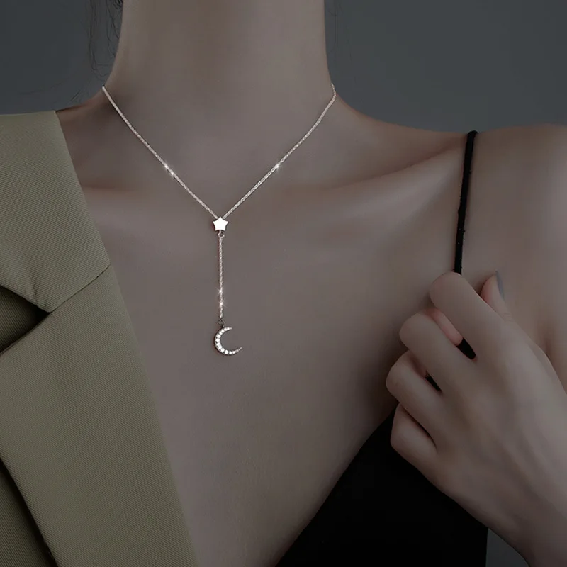 

Flash Star and Moon Pendant Tassel Necklace Japanese and Korean Temperament Luxury Clavicle Chain Female Accessories