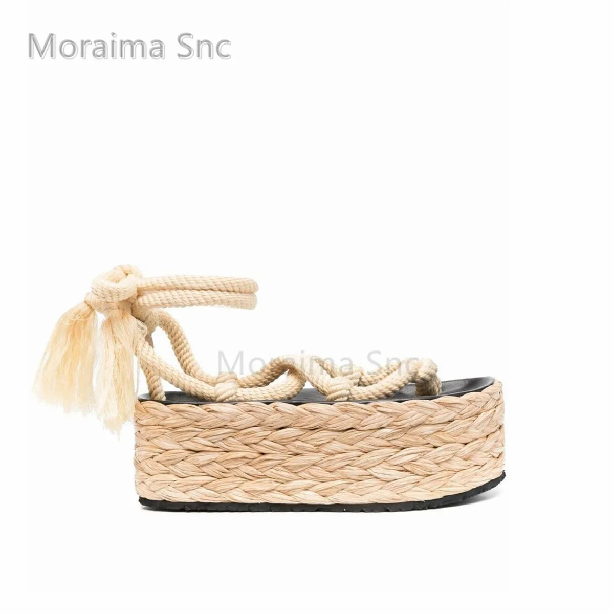 Espadrilles Platform Hemp Rope Sandals for Women with Heels Summer Tassel Solid Color Lace Up Ladies Shoes Ankle Cross Straps