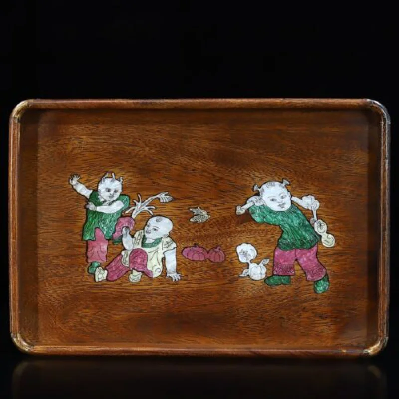 

35cm China Wooden Tray Natural Red Wood Board Inlaid Shell Boy Tray
