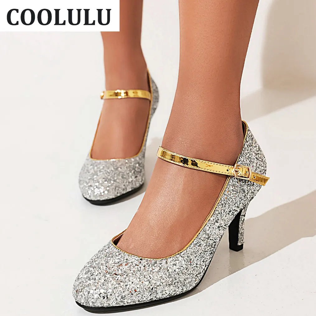 

COOLULU Блестящие Свадебные Туфли Мэри Джейн для женщин на низком каблуке с котенком Блестки Ткань блестящие туфли-лодочки туфли с пряжкой зол...