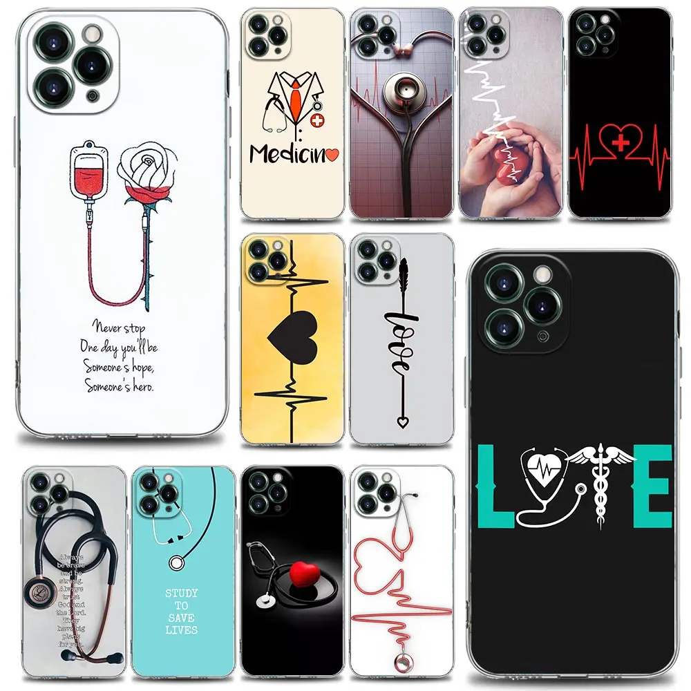 

Nurse Medical Medicine Health heart and stethoscope Phone Case For iPhone 11 12 13 Pro Max XR XS 8 SE 2020 Plus Clear Soft Cover