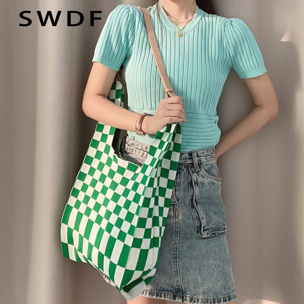 

Designer Plaid Knitting Women Handbag Brands Woven Shoulder Bag Big Tote Shopper Bag Female Crossbody Bags for Women 2021 Purse