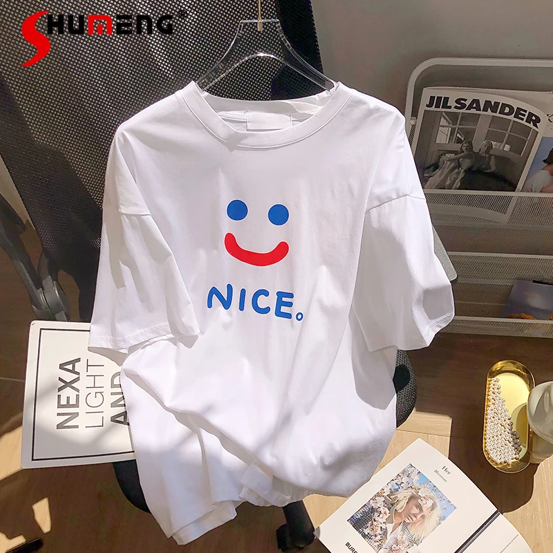 

Fashion Printed White Short-Sleeved T-shirt Women 2022 Summer New Loose All-Matching Cotton T-shirt Top Ladies Graphic T Shirts