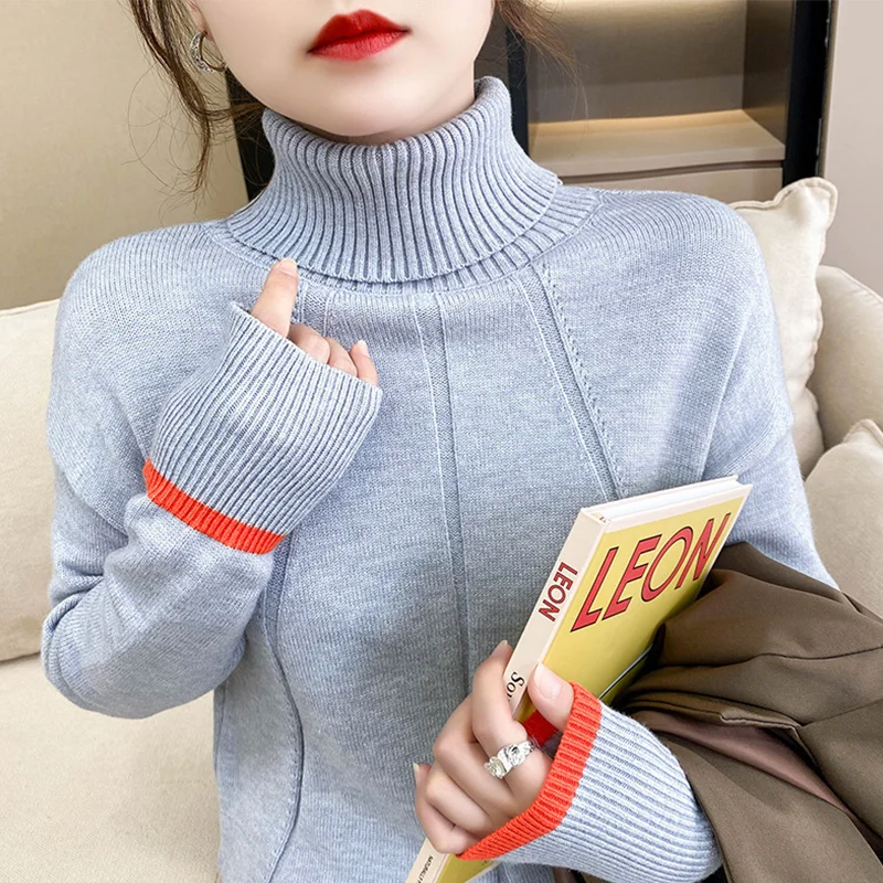 

Women's 2022 New High-neck Autumn And Winter Cashmere Pullover Casual Thick Pit Color Sleeve Lazy Style Bottoming Shirt
