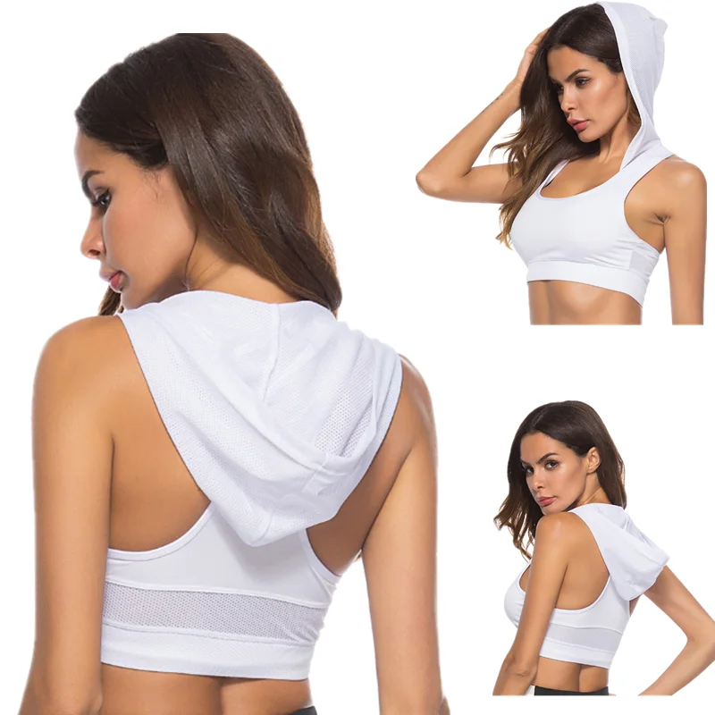 

Women Sport Tank Crop Tops Fashion Quick Dry Elastic Fitness Sports Bra Hooded Vest Running Female Girls Sprots Short Tees