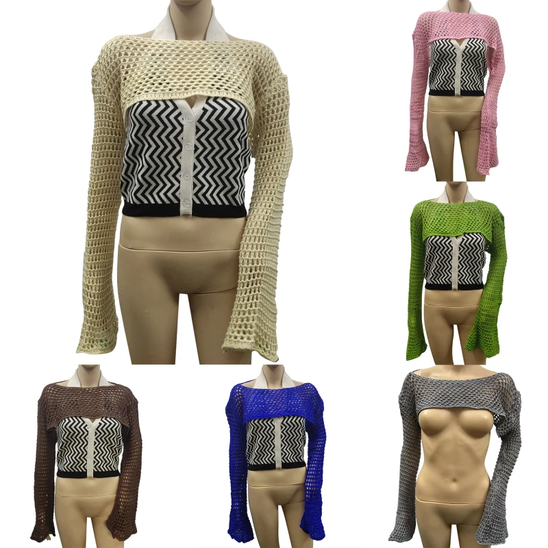 

Женская короткая футболка, однотонная шерстяная накидка с вырезами, американский новый пуловер, свободная футболка с расклешенным длинным рукавом для дам