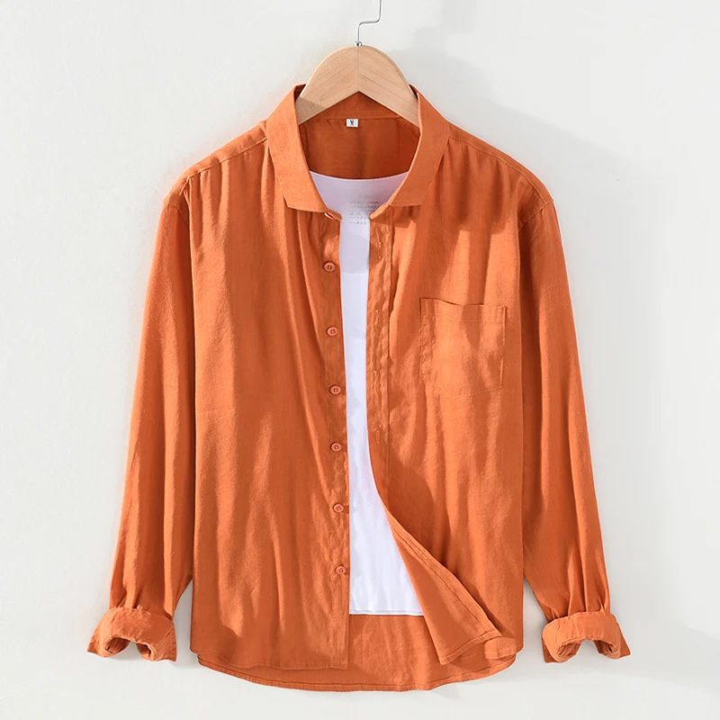 

Long-sleeved Casual Linen Shirts Men Fashion Orange Shirt For Men Chemise