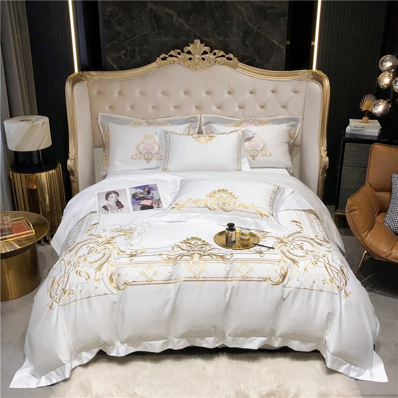 

Queen Super King size Bedding set White Egyptian Cotton Gold Embroidery Duvet cover Deep Pocket Fitted Bed sheet