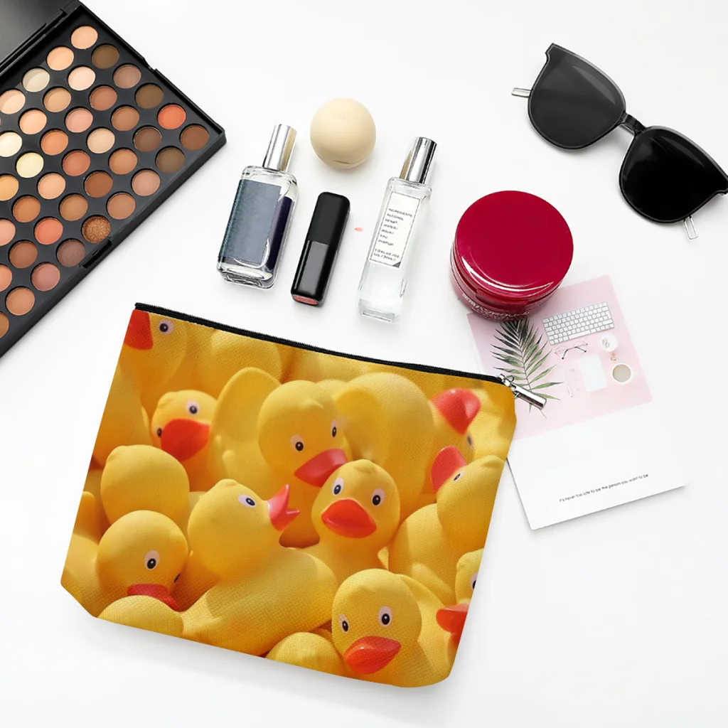 

Animal Linen Women Cosmetic Bag Rubber Duck Makeup Pouch Lady Tote Purse Travel Organizer Case