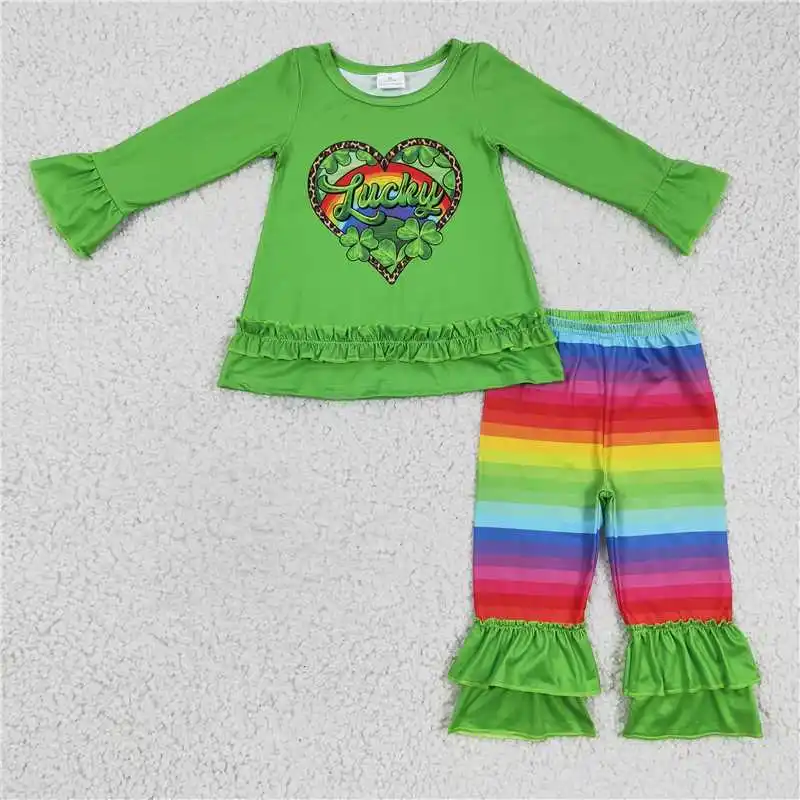 

Новая модная одежда для маленьких девочек на День Св. Патрика, зеленая одежда с длинным рукавом и изображением листьев и сердца, оптовая продажа детской одежды