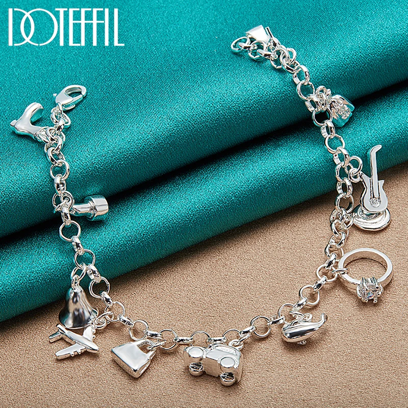 

DOTEFFIL 925 Sterling Silver Shoe Bell Airplane Lock Car Fish Ring Lollipop Guitar Bracelet Chain For Women Charm Jewelry