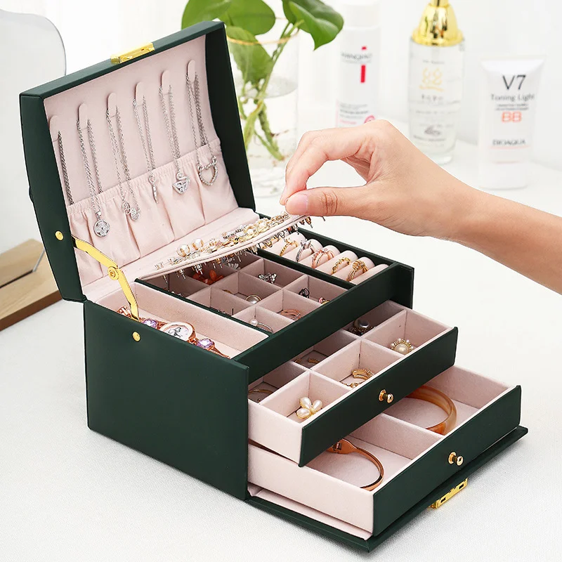 

Hot Selling Three-Layer PU Leather Drawer Style Jewelry Box Earring Jewelry Storage Box Earrings With Locked Jewelry