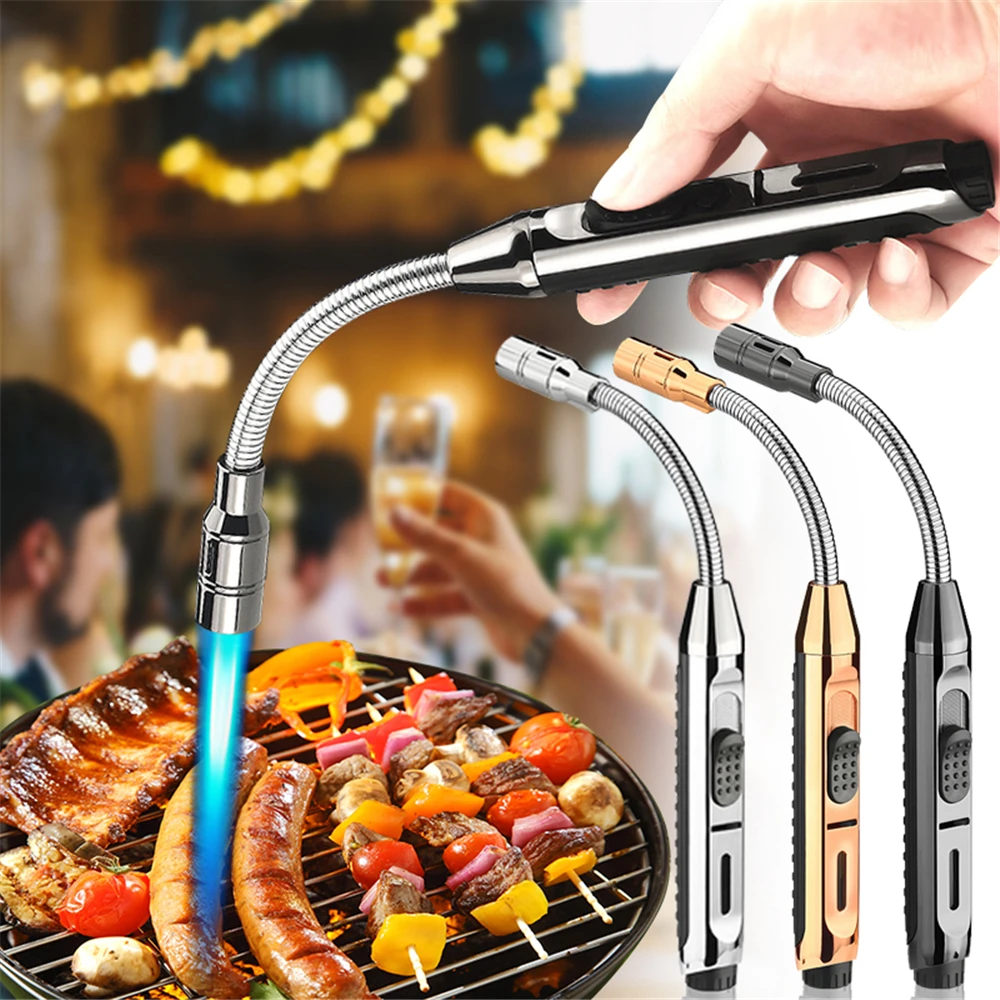 360° Rotatable Long Jet Flame GunMetal Windproof Torch Large Firepower Gas Lighter Welding Kitchen Bake Outdoor BBQ Camp Tools