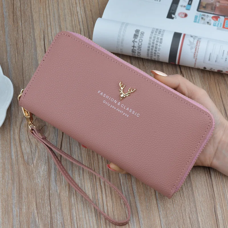 

New Women's Deer Head Wallet Large Capacity Solid Color Coin Purses Female Long Pu Leather Zipper Card Holder Clutch Phone Bag
