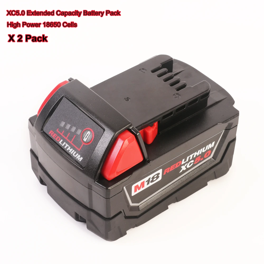 

Factory New 2 Packs 18V 5.0Ah Lithium-Ion Battery for Milwaukee 48-11-1852 M18 REDLITHIUM XC 5.0 Ah Extended Capacity Battery