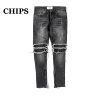 chips 2022 spring summer men dimensionally cutting jeans hole patch elastic slim leggings denim pant hip hop streetwear jeans