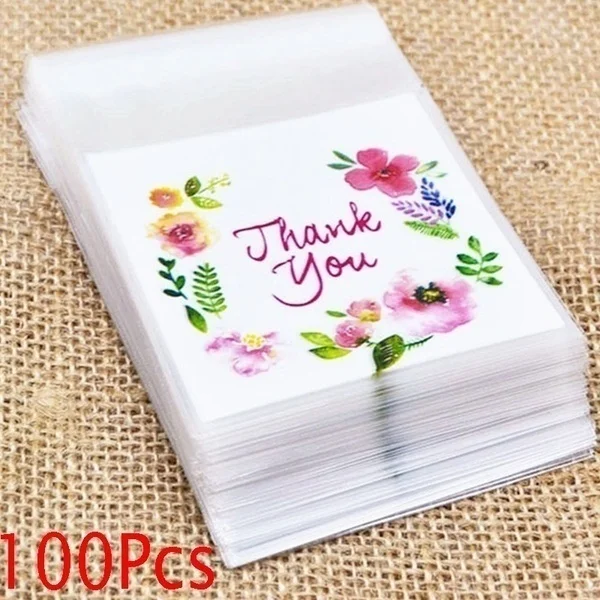 

100Pcs Plastic Bags Thank You Cookie&Candy Bag Self-Adhesive For Wedding Birthday Party Gift Bag Biscuit Baking Packaging Bags