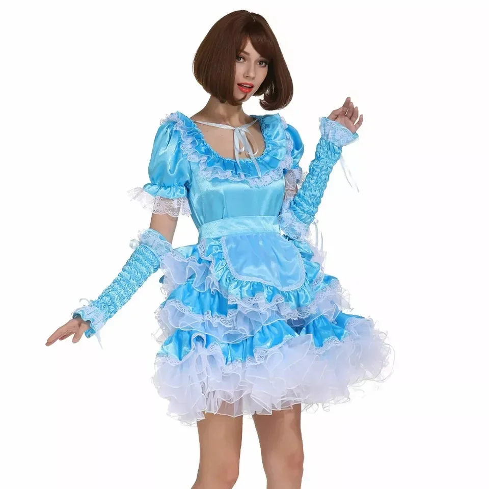 Сисси косплей милое сексуальное синее атласное запираемое платье для девочек