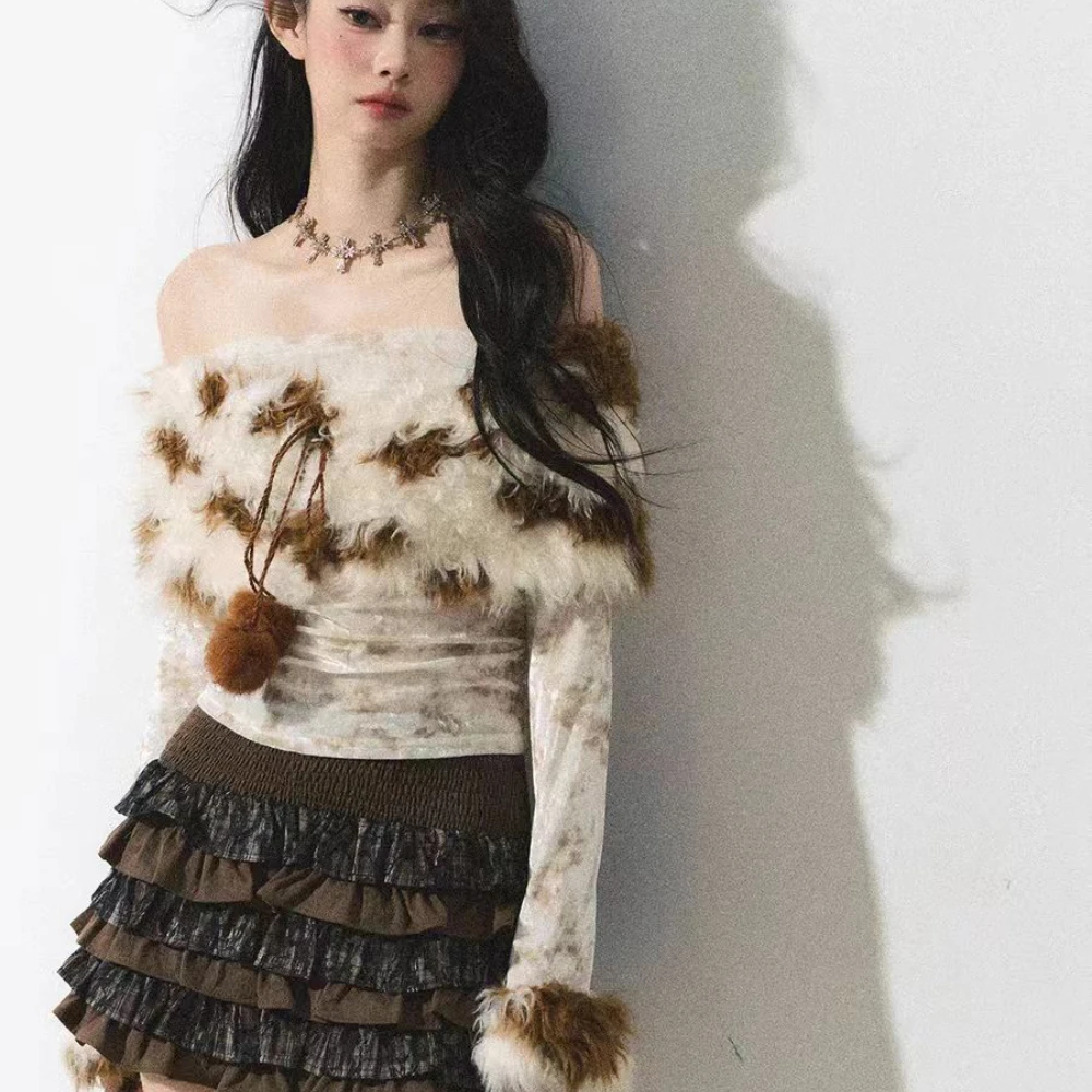 Ретро футболка из полиэстера с искусственным мехом